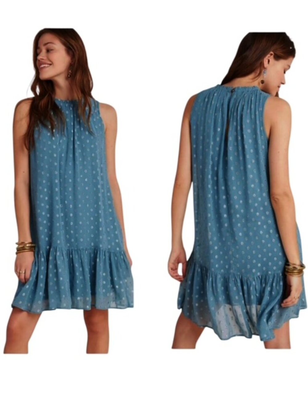 Anthropologie Large Natalie Sleeveless Ruffle Crewneck Blue Metallic Mini Dress
